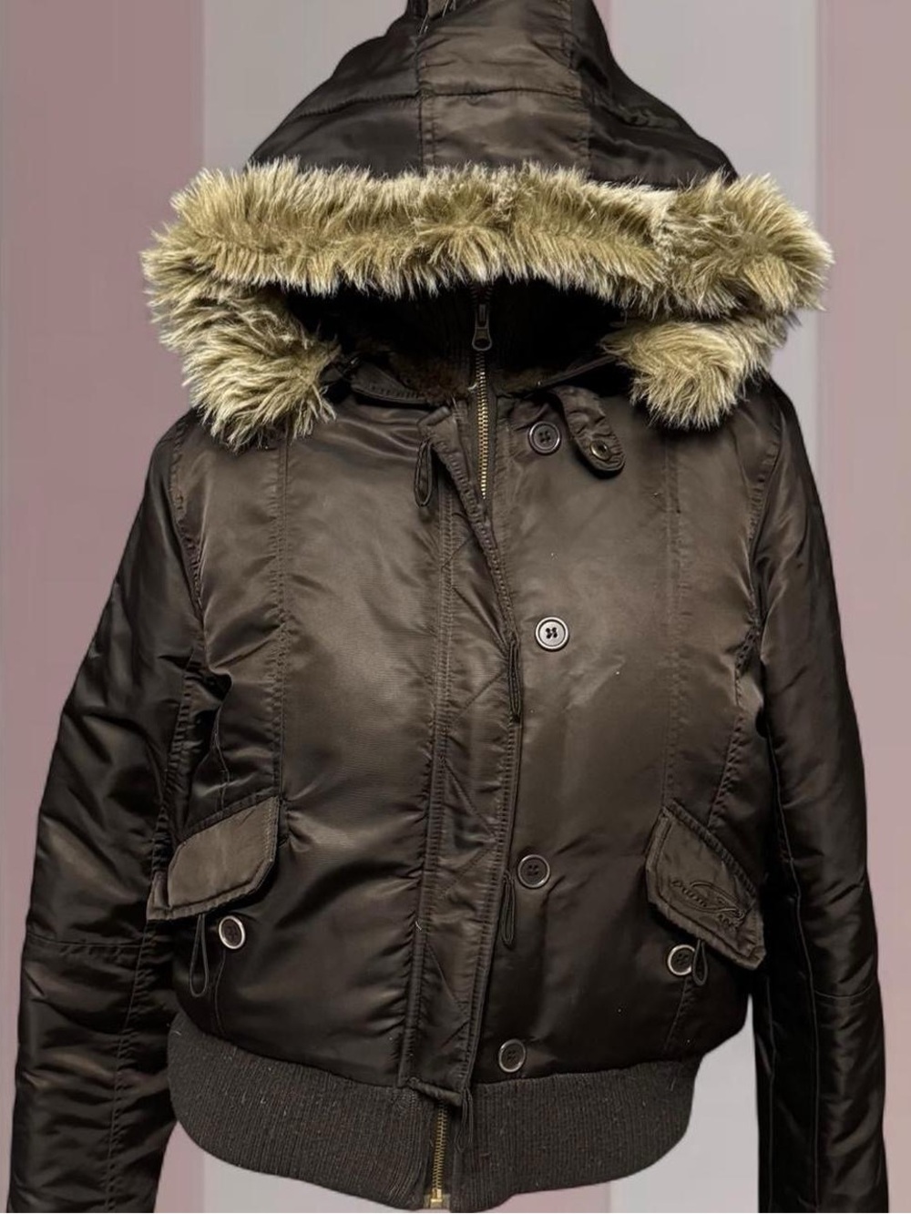 Vintage Y2K brown faux-fur trim winter Jacket